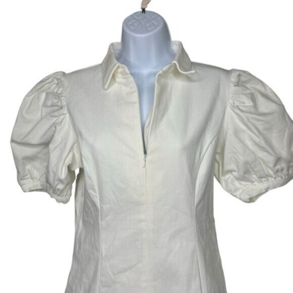 Hyacinth House NEW White Front Zip Denim Puff Sleeve Mini Dress Size Small - Picture 5 of 11